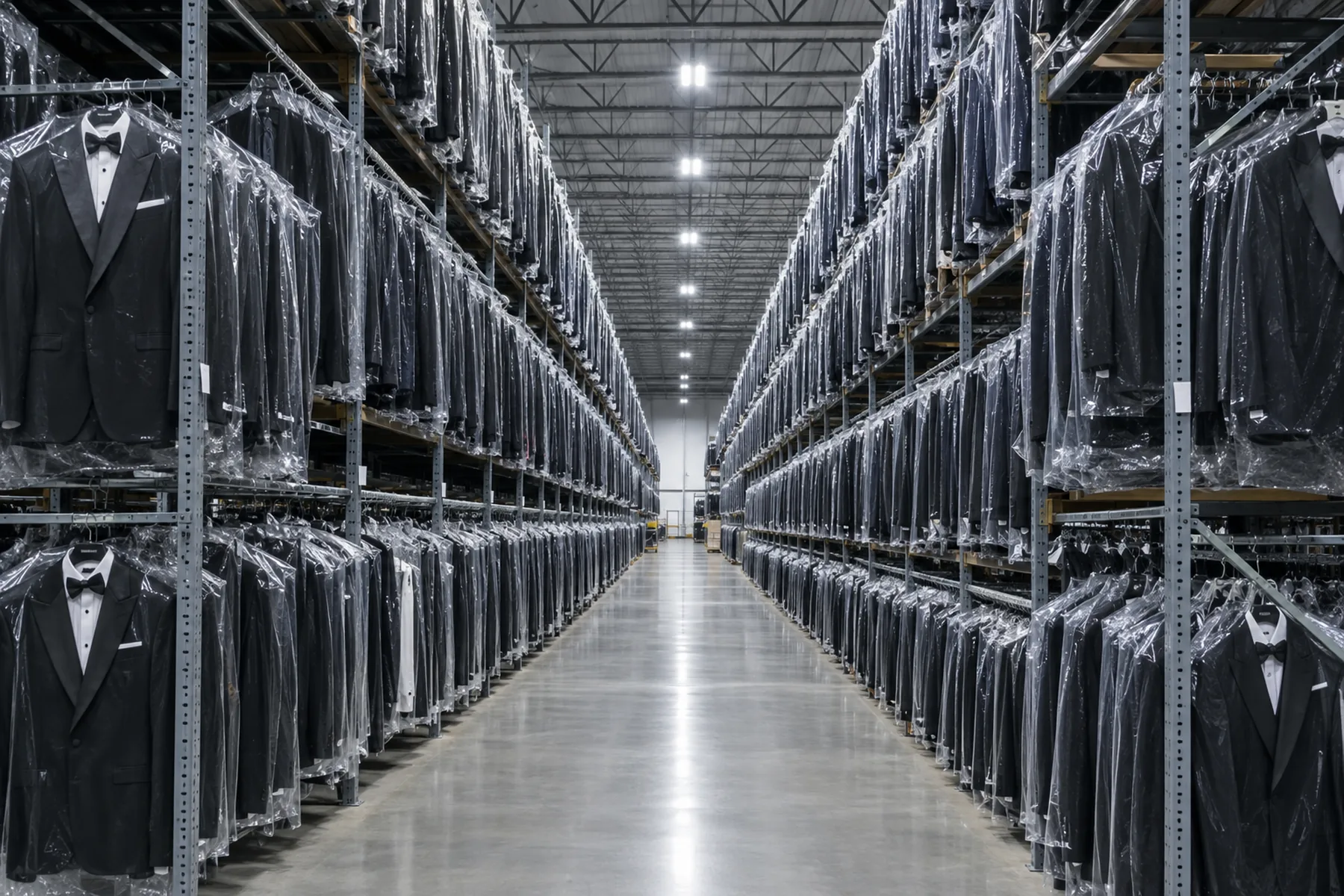 Rows of tuxedos in the Waterloo warehouse